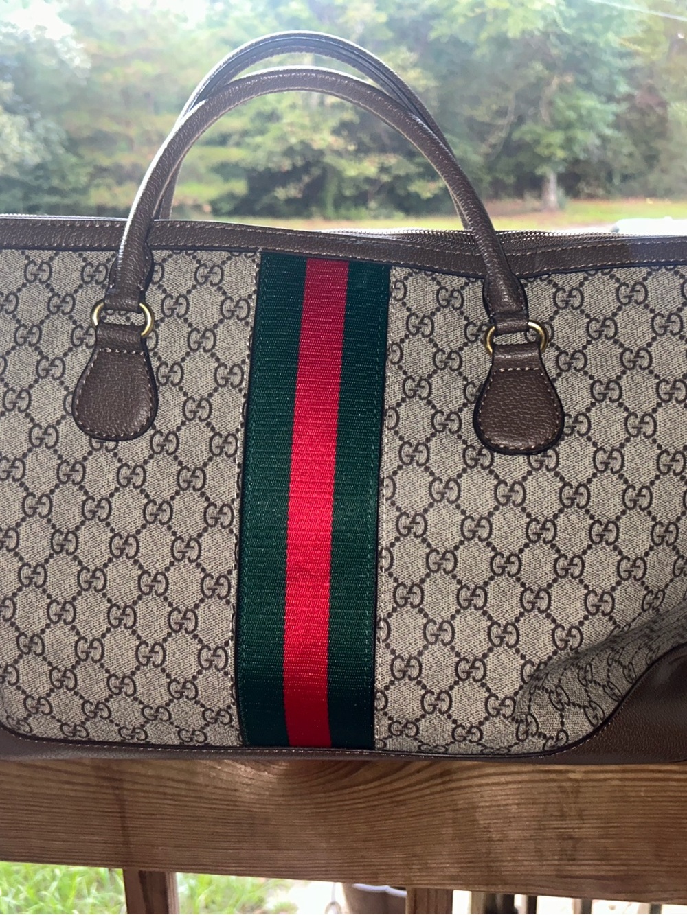 Gucci Brown Monogram Tote with Green and Red Stripe Center